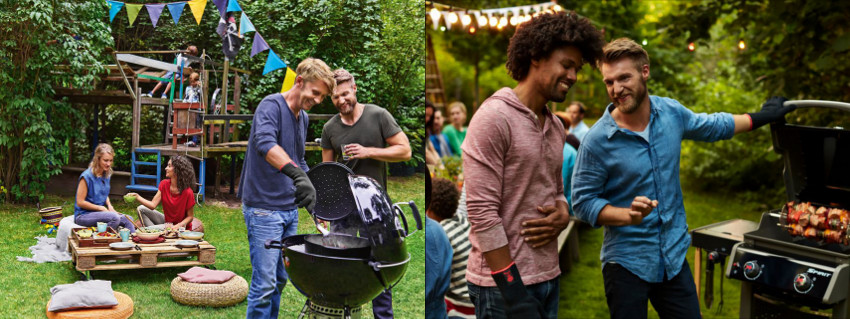 Freunde grillen zusammen auf einer Feier im Garten.