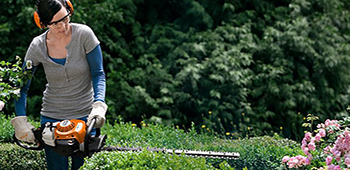 Frau schneidet Heckenschere mit einer Elektro-Heckenschere und tr&auml;gt dabei einen Geh&ouml;rschutz.