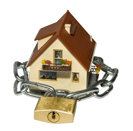 Ein Haus ist verschlossen durch eine Eisenkette.