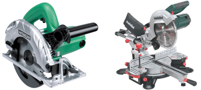 Eine grüne Handkreissäge der Marke Hitachi wird mit der Kappsäge der Marke Metabo verglichen.