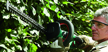 Mann schneidet Hecke mit einer elektrischen Heckenschere