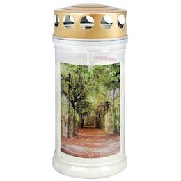 1219311 - Gedenk-Kerze "Baum-Allee" Golddeckel DM 7,5cm H 17cm