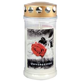1219313 - Gedenk-Kerze "Rose auf Stein" Silberdeckel DM 7,5cm H 17cm