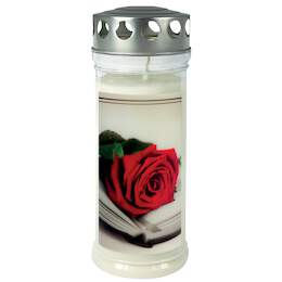 1223794 - Gedenk-Kerze gro&szlig; "Rose/Buch" Silberdeckel DM 7,5cm H 21,5cm