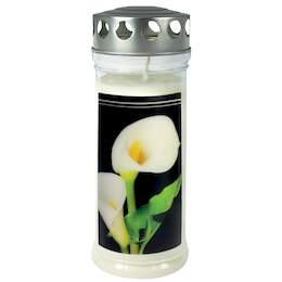 1223795 - Gedenk-Kerze gro&szlig; "Calla" Silberdeckel DM 7,5cm H 21,5cm