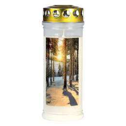 1263042 - Gedenk-Kerze gro&szlig; Winterwald Golddeckel DM 7,5cm H 21,5cm