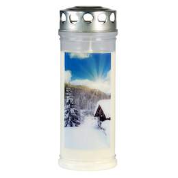 1263043 - Gedenk-Kerze gro&szlig; Berg/H&uuml;tte Silberdeckel DM 7,5cm H 21,5cm